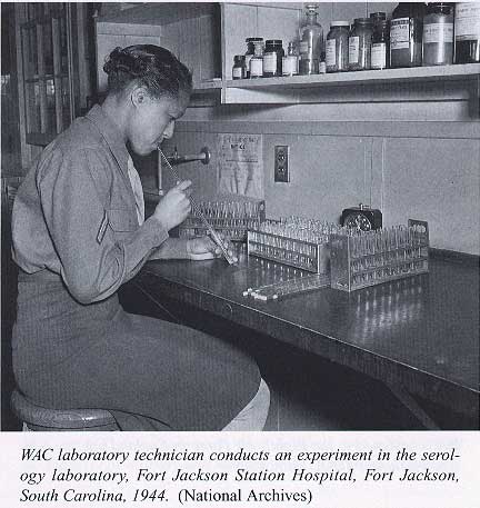 WAC laboratory technician conducts an experiment in the serology laboratory. Fort Jackson Station Hospital, Fort Jackson, South Carolina, 1944. (National Archives)
